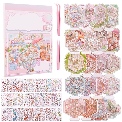 20 Sätze Sticker Scene 3D, Miniatur Haus Sticker mit 2 Pinzette DIY Cozy Little Home House Scene Miniatur Szenen Aufkleber Geschenk für Erwachsene und Kinder
