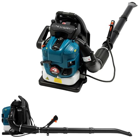 Zaino soffiatore a benzina, motore a 4 tempi, 2,6 kW, con 7000 giri/min, serbatoio da 1,9 l, uscita ignifuga regolabile a 180°, per fogliame/neve, struttura leggera da 27,3 kg, con sistema di