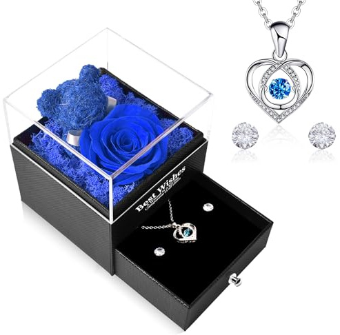 CSYY Rosa Eterna, Confezione Regalo Fiori Stabilizzata Regalo con Collana Cuore e Orecchini a Perno per Anniversario Compleanno Festa della Donna per Mamma Sorella Moglie Blu