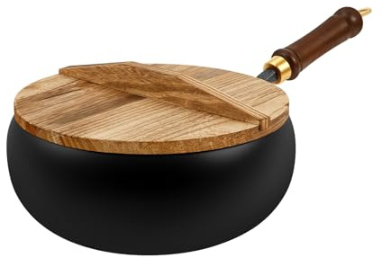 Uncoated Iron Pan with Wooden Lid and Spatula,24CM Big Belly Pot Hand Forged Nonstick Cast Iron Pan with Anti-Scalding Handle for Versatile Cooking Simmering Frying