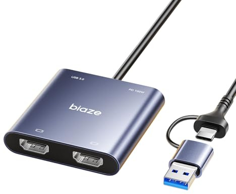 biaze ZH206 Dual-HDMI-Adapter, USB-C und USB-3.0 zu Dual HDMI 60Hz Hub mit 100W PD Ladefunktion, Adapter für Zwei erweiterte Bildschirme für MacBook M1/M2/M3, Windows-Laptops, iPad Pro und Chromebook
