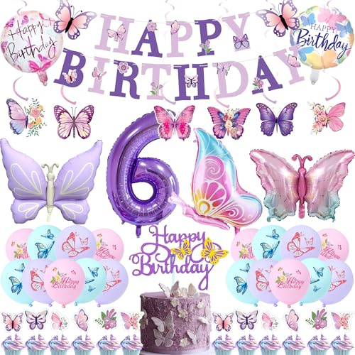 6. Geburtstag Deko Schmetterling Lila für Mädchen 6 Jahre | 45 Stück, Happy Birthday Banner Girlanden, Ballons, Cake Topper, Hängedekoration