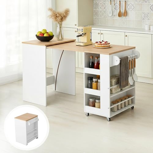 eslohnt Ausziehbare Kücheninsel,Mobil mit Stauraum,2 Seitenablagen, Geeignet als Esstisch,für Esszimmer/Offene Küche/Hausbar,Weiß