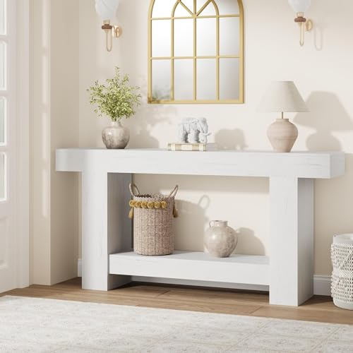 Garvee 2-stöckiger Konsolentisch im Landhausstil – Schmaler Sofatisch aus Holz mit offener Ablage – Stabil & elegant für Wohnzimmer, Flur, Diele – Antikweiß – 1,6 Meter