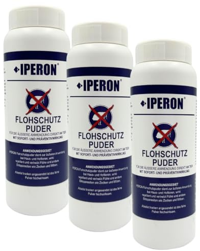 IPERON® 3 x 100 g Flohschutz Puder - Abwehr von Flöhen, Zecken & Milben | Mit natürlichem Geraniol - Wirksame Trockenpflege vertreibt Lästlinge - Sanft zu Haut & Fell von Haus- und Hoftieren
