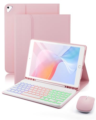 Para iPad 6a (2018) / 5a (2017) Generación / IPad Pro 9.7 (2016)/ IPad Air 2 (2014) 9.7 pulgadas funda con Teclado inalámbrico Bluetooth retroiluminado (teclado QWERTY, distribución española) y ratón