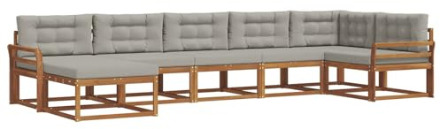 vidaXL Outdoor-Sofagarnitur mit Kissen 7 pcs Natürlich und Hellgrau, Modernes Akazienholz Outdoor-Sofaset, langlebige Gartenmöbel, Flexible Anordnung für die Terrasse, Bequeme Lounge im Hinterhof