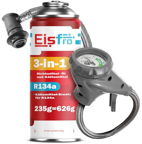 Eisfro - 3en1 R134a Fluide Réfrigérant Gaz de Remplacement + Tuyau – pour Climatisation Automobile avec Scellant et Huile – Bouteille de Gaz 1x235 g – Kit Climatisation Camping-Car – ECO