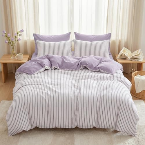 Bettwäsche 135x200 Lila Gestreift Modern Bettbezug mit Kissenbezug 80x80 | Bettwäsche Set 2 Teilig, Lila Flieder Streifen, Landhausstil, Violett, Geometrisch, Aesthetic, Microfaser, Reißverschluss