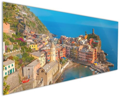 Wallario Küchenrückwand aus Glas 125 x 50 cm, Motiv: Farbenfrohes Küstendorf am Mittelmeer | Spritzschutz abwischbar & pflegeleicht