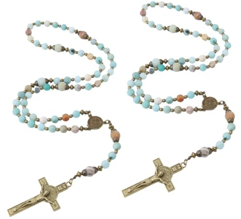 DICOSMETIC 2Stk Rosenkranz Kette, Katholische Betkette Religiöse Halskette | 8mm Natur Amazonsit Perlen,Antikgold Legierung Kruzifix,54,7cm Länge,Mischfarbe,Geschenk für Taufe,Weihnachten,Geburtstag