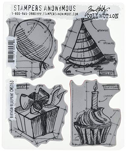 Stampers Anonymous Cling Rubber Stamp 7X8.5-Birthday Tim Holtz Gummistempel-Set, 17,8 x 21,5 cm, Blaudruck, Geburtstag Blueprint
