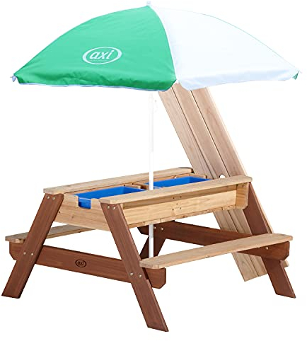 AXI Nick Table Sable et Eau/Pique Nique avec Parasol en Bois Marron | 95 x 97 x 48 cm | avec Couvercle, Boîtes de Rangement & Parasol | Extérieur pour Le Jardin
