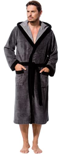 Morgenstern Bademantel Herren Grau mit Kapuze lang Männer Kapuzenbademantel Männerbademantel Duschmantel Microfaser Viskose Baumwolle Größe XXL