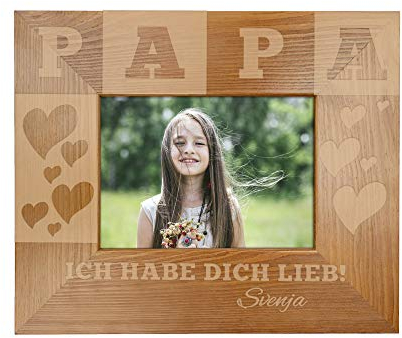 Casa Vivente Bilderrahmen mit Gravur für Papa, Motiv Herzen, Personalisiert mit Namen, Rahmen aus Holz, Vatertagsgeschenk