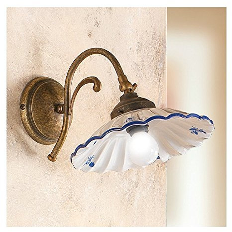 Applique lampada da parete a 1 luce in ottone con piatto in ceramica plissettata vintage - h. 19 cm - Marrone