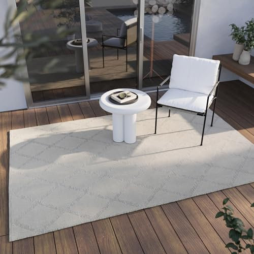 Wecon Home Esprit I In & Outdoor Kurzflor Teppich I Rhomb I ESP-5574 I (80 x 150 cm, Beige Silber)