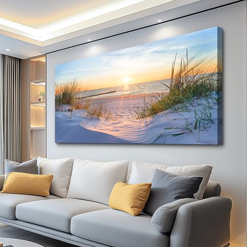 Wall Art For Living Room Large Size Wall Decorations Pictures Blue Sun Beach Grass Ocean Landscape Painting Office Wall Decor Canvas Prints Ready To Hang For Home Decoration Works Of Art 24 X 48
