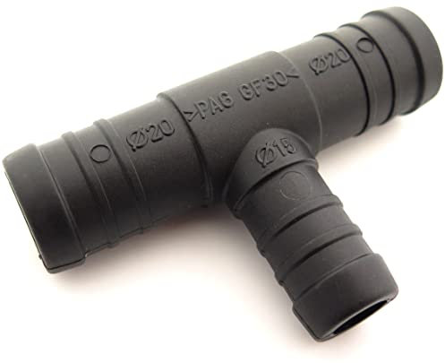 227s Twin 20mm to 15mm T-Piece Hose Connectors to Join Water, Fuel & Breather Pipes - Resistant to Fuels, Oils & Coolant - For Use Between -30C & 140C - Nylon PA66 - Black - 2 Pack