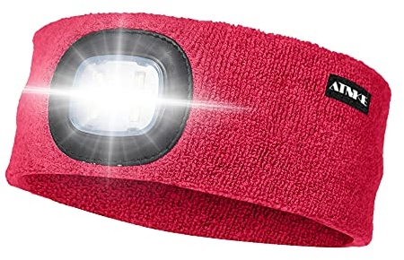 ATNKE LED Beleuchtetes Stirnband, Wiederaufladbare USB Lauf Stirnbänder mit Licht Extrem Heller 4 LED Lampe Winter Warme Stirnlampe für Herren und Damen Geschenke/Rot