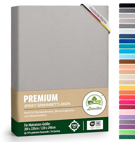 leevitex® Premium Wasserbett & Boxspringbett Spannbettlaken | Spannbetttuch | 200 x 220 bis 220 x 240 | 97% Mako-Jersey-Baumwolle | 3% Elastan | Silber/Hellgrau | 195 g/m²