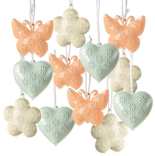 Logbuch-Verlag 12 ciondoli primaverili shabby chic farfalla cuore fiore arancione bianco verde pastello Primavera Pasqua decorazione matrimonio battesimo festa appendere metallo lamiera