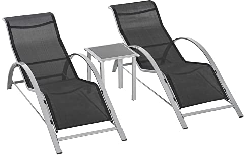 Outsunny Lot de 2 Bains de Soleil Design Contemporain Table Basse Plateau Verre trempé métal époxy textilène Gris foncé