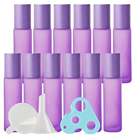 TIANZD 24 Stück Leere 10ml Matt Lila Glas Roller Flaschen mit Alu Schraubverschluss, Roll-On Glasflaschen mit Glasroller für Ätherische Öle Essential Oil mit Trichter Öffner