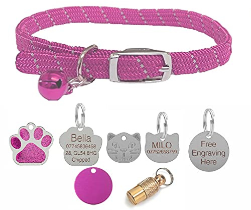 Collier réfléchissant pour chat/chaton avec élastique de sécurité et clochette avec étiquette personnalisée en option (rose, sans étiquette)