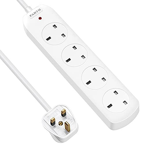 PARTH 4 Way Extension Lead 2m Long Cable - UK 4 Plug Extension Socket 2 Metre Power Cord Max 3250W - 13A Fused Safety Shutter Multi Sockets with Indicator Power Strip for Home Motorhome Dorm Office