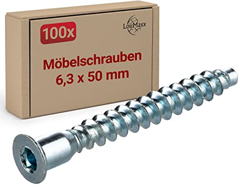 LouMaxx Schrank Schrauben 6,3 x 50mm - 100er Schrauben Set Confirmat Schrauben aus verzinktem Stahl- Schrauben Schrank mit Innensechskant- Verbindungsschrauben für Möbel mit Senkkopf Korpusschrauben