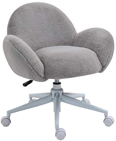 HOMCOM Fluffy Desk Chair, Cute Makeup Vanity Chair with Rolling Wheels for Home Bedroom Living Room, Grey