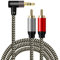 Hanprmeee - Cable adaptador de audio estéreo de 3,5 mm a 2 RCA macho de 90 grados en ángulo recto para conexión entre smartphones, reproductores MP3, tabletas a altavoz, amplificador, cine en casa,