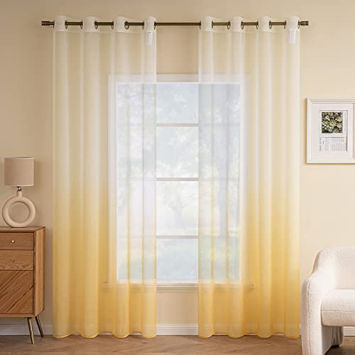 EMEMA Gardinen Transparent Vorhänge Voile Sheer Vorhang mit Ösen Farbverlauf Dekoschal Fensterschal für Schlafzimmer und Wohnzimmer 215 cm x 140 cm(H x B) 2er Set Weiß Orange