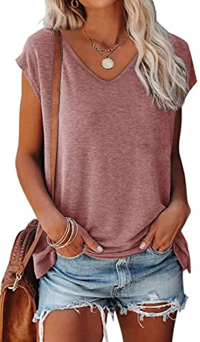 OLIPHEE Femmes Cap Sleeve T-Shirts À Manches Courtes Col en V Casual T-Shirts De Base D'été Lâches (Rose,L)