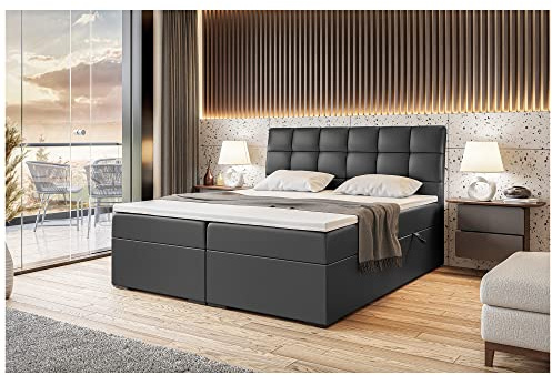 MEBLINI Boxspringbett mit Bettkasten - Gepolstert Doppelbett mit Matratze und Topper - Polsterbett mit Stauraum - Bett mit Kopfteil - Stauraumbett - Drago - 180x200 - H4/Schwarz Kunstleder