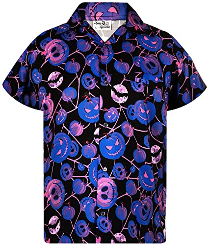 King Kameha Funky Hawaiihemd Herren Kurzarm Fronttasche Hawaii-Print Halloween Kürbis Grusel Funky Pumpkin Prints