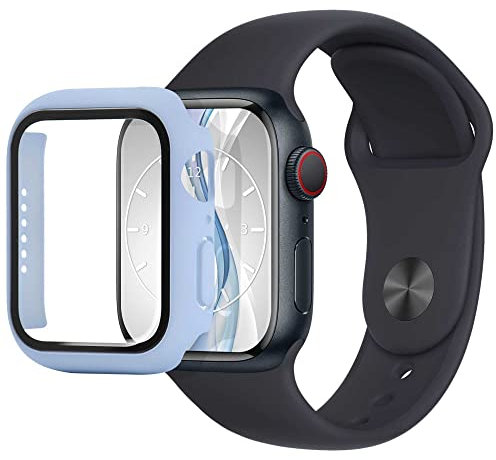 mtb more energy Custodia compatibile con Apple Watch 9, 8, 7 (41 mm) – Blu pastello – Pellicola protettiva integrata in vetro temperato – Protezione completa Bumper Caso Custodia protettiva in vetro