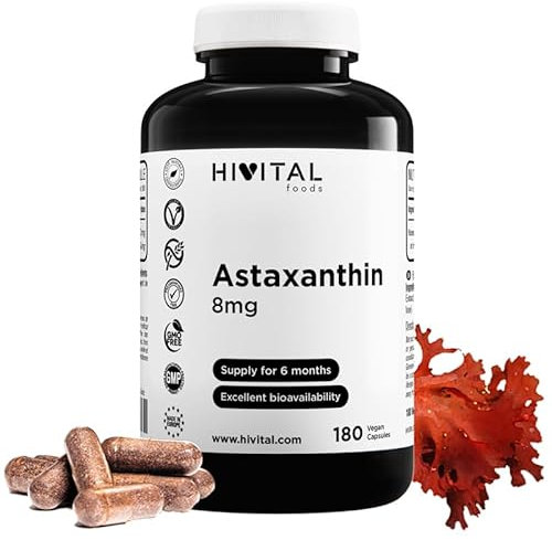 Astaxantina pura 8 mg. 180 cápsulas veganas para 6 meses de tratamiento. Procedente de 160 mg de Alga Natural Haematococcus Pluvialis al 5% en Astaxanthin. Fabricado en España por HIVITAL