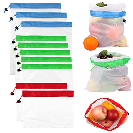 TSHAOUN 10 Stück Wiederverwendbare Produktbeutel,Gemüsebeutel mit Kordelzug Polyester GemüseTaschen Set,obstbeutel,für Lebensmittel, Gemüse, Obst, Haushalt, Spielzeug, Kleinteile,3 Größen (10 pcs)