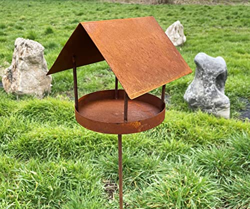 Vogelhaus 20x18cm + Stab zum Beleuchten Windlicht Teelicht Meisenknödel Futterhaus Edelrost Gartendeko Metall Rost