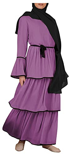 MKIUHNJ Abaya Robe de gâteau arabe, caftanier islamique avec ceinture, robe à carreaux, robe de hijab, robe de travail islamique rayée pour femme, robe de soirée longue, lilas, XL