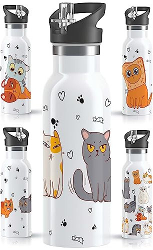 OWLBOOK® Edelstahl Trinkflasche Kinder | Wasserflasche mit Strohhalm | 600 ml | Sportdeckel | Spülmaschinenfest | Schule | Schulanfang Geschenke zur Einschulung Junge Mädchen | Katzen Grimmig