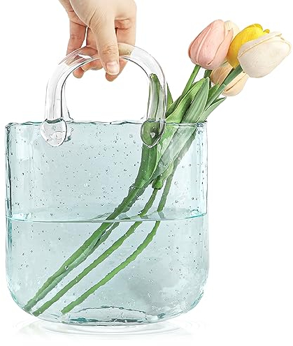 DBREAKS Vasi in vetro a forma di borsa, Vaso da Interno a Forma di Borsa per Fiori, Vaso per fiori borsetta scrivania, Vaso in vetro con ciotola per pesci, Vaso a Sacchetto di Vetro con Bolla(Blu)