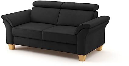 CAVADORE 2-Sitzer-Sofa Ammerland in Echtleder / Landhaus-Sofa mit Federkern + Kopfteilverstellung / 156 x 84 x 93 / Leder Schwarz