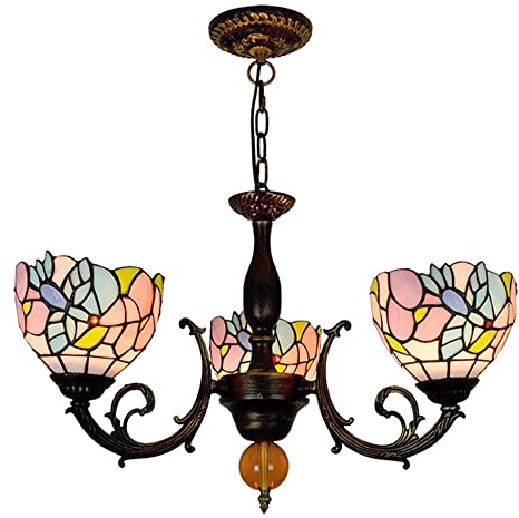 PAZWAHF 3-flammiger Kronleuchter mit Vogelmuster, verstellbare Pendelleuchten, Hängeleuchte aus Buntglas im Tiffany-Stil, Breite 20 Zoll, Höhe 32 Zoll