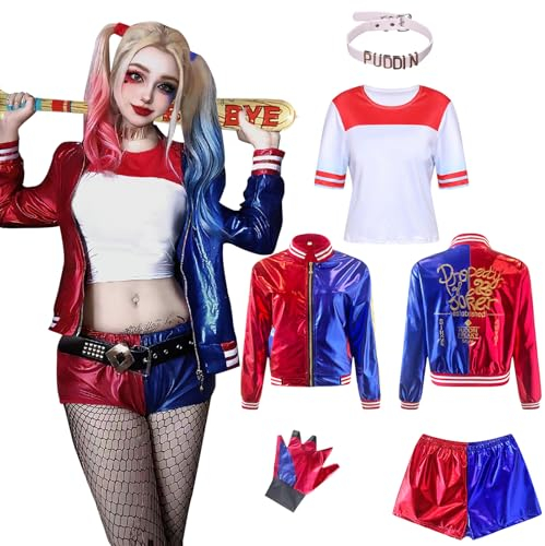 Ansamy Harley Cosplay Kostüme für Erwachsene Kinder, Mädchen Bösewicht Suicide Kostüm Kit enthalten Jacke, T-Shirt, Shorts und Handschuh für Halloween Karneval Cosplay (Erwachsene, 140/XL)