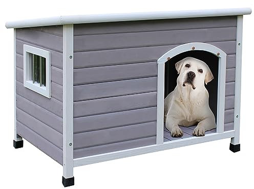 HiCaptain 40“ Hundehütte Outdoor, wetterfeste Hundehütte für mittelgroße Hunde, Hundehütte aus Holz mit erhöhtem Boden und herausnehmbarem Fenster, Hundehütte mit Belüftung - Grau M