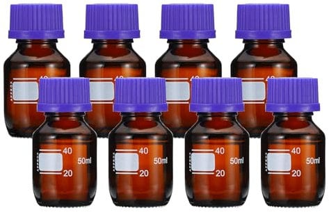 PATIKIL 8 Pack Reagent Media Storage Bottles, 50ml Borosilicate Glass Graduated Round Bottles with GL32 Blue Screw Cap for Lab Water Reagent Liquids, Brown