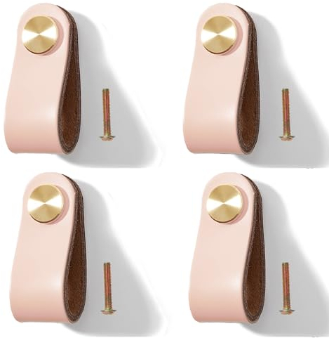Yuaaoh Lederknöpfe Möbel 4 Stück Schubladenknöpfe aus Leder Schrankgriffe Lederschlaufen mit Schrauben Knöpfe Kommode Leder Schrank Ledergriffe für Wohnkultur, Möbelgriffe Einzelloch (Rosa)